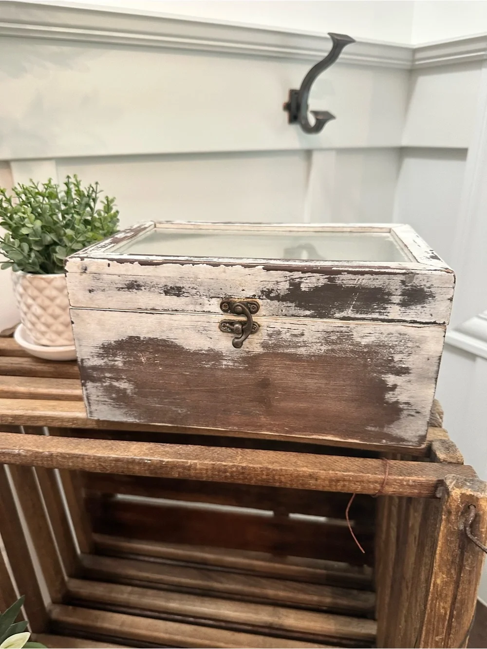 Tea Hot Cocoa Packet Organizer Box - Distressed White Wood Keepsake Glass Top